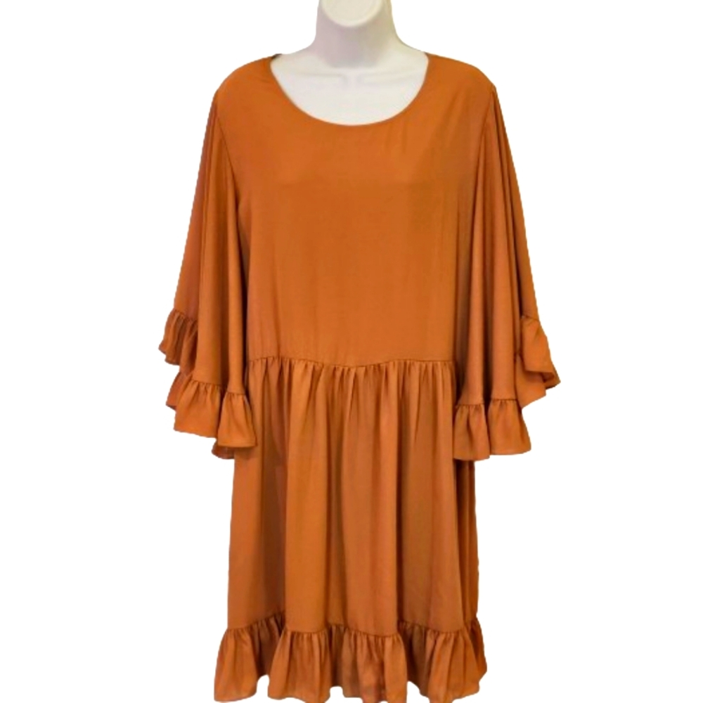 Meritt Chic On Standby Camel Brown Oversized Ruffle Babydoll Boho Dress,Size 1XL